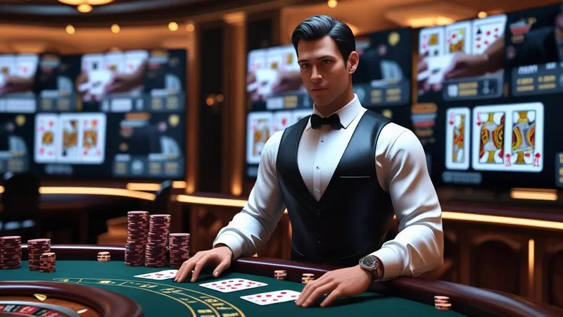 Live blackjack dealer with real cards and chips at professional studio