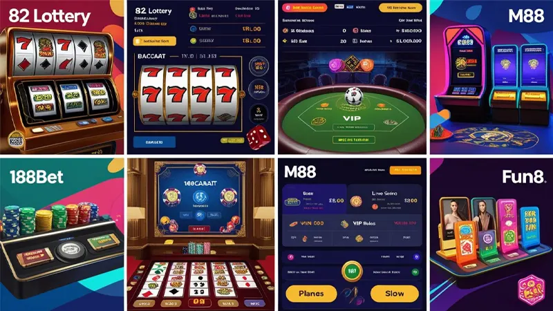 Screenshot collage showing slot games, live casino, and sports betting options