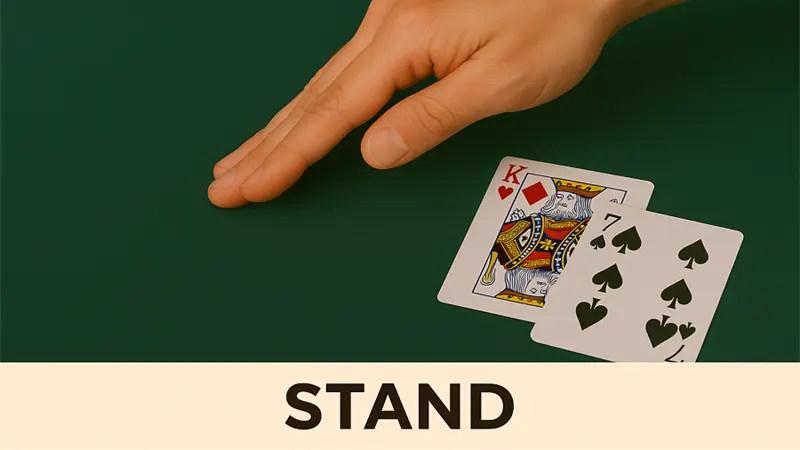 Player hand totaling 15 with dealer showing 5 upcard demonstrating when to stand on weak hands