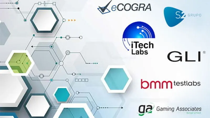 Various certification logos including eCOGRA, iTech Labs, and GLI displayed on casino homepage