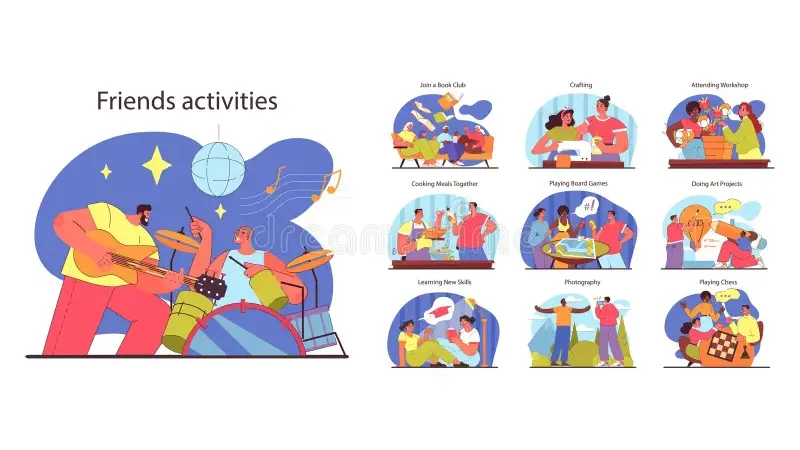 Friends engaged in multiple entertainment activities including board games, sports, and social gatherings