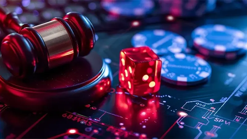 Professional legal consultation scene with gambling law documents and regulatory compliance materials