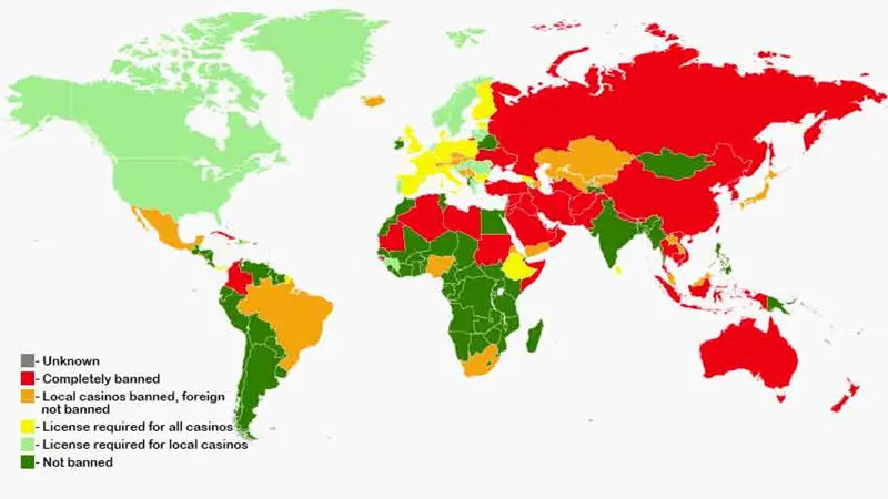 Interactive world map showing online gambling legal status by country with color-coded restrictions