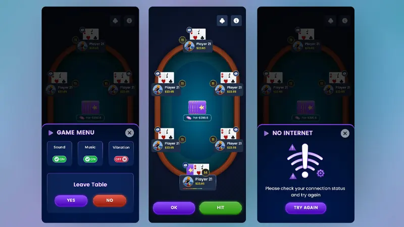 Smartphone displaying modern blackjack app interface with cards, chips, and betting options