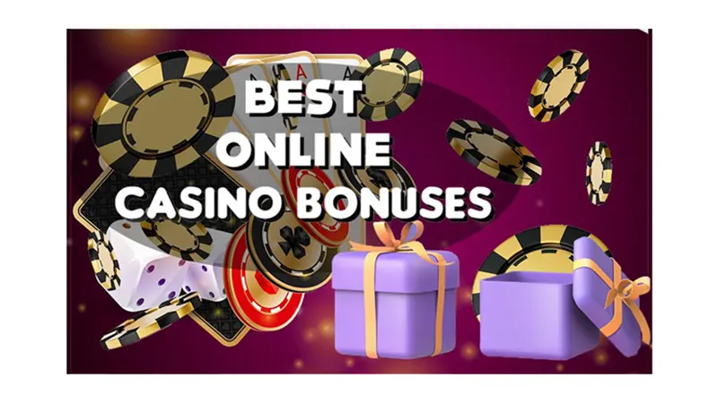 Computer monitor showing colorful online casino bonus promotions including welcome bonuses, free spins, and cashback offers