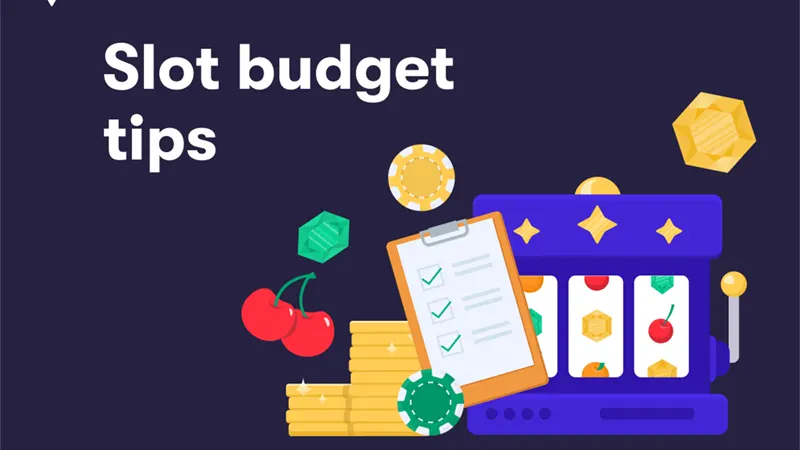 Happy person playing slot games with a budget planning notebook and calculator nearby