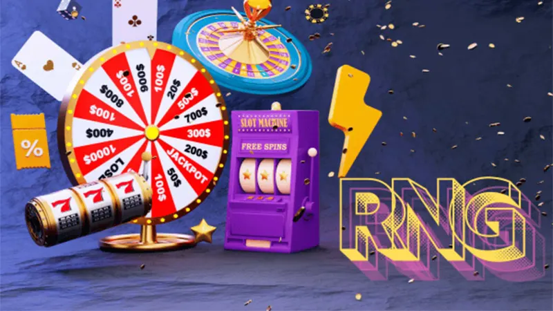 Technical diagram showing RNG algorithm generating random number sequences for slot game outcomes