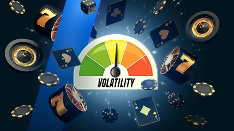 Bar chart comparing high, medium, and low volatility slot games with payout frequency and size indicators