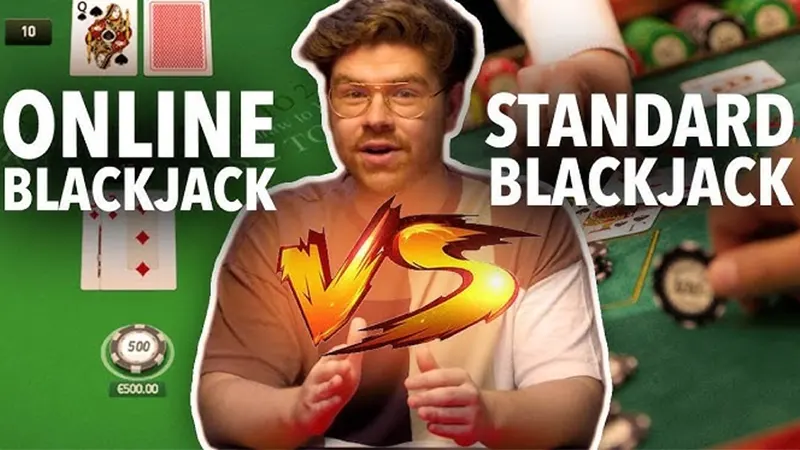 Split screen showing physical casino blackjack table next to online blackjack game interface