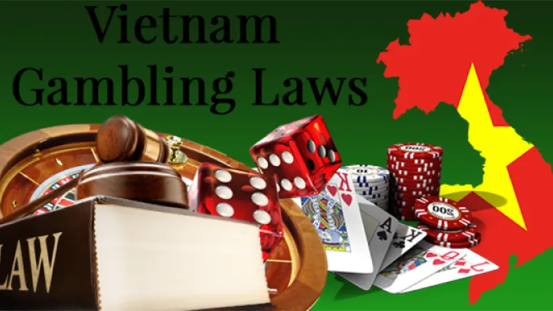 Vietnamese legal documents stacked with casino chips illustrating gambling regulations