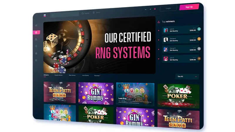 Computer screen showing colorful virtual casino interface with slot machines and card games