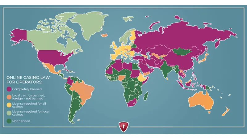 Interactive world map showing locations of major gambling regulators including Malta, UK, Curacao, and Gibraltar